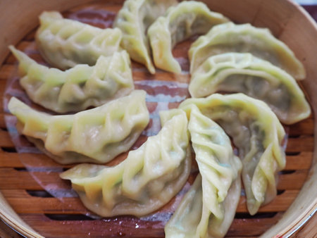 Closeup macro view of Korean steamed dumplings (mandu)の写真素材