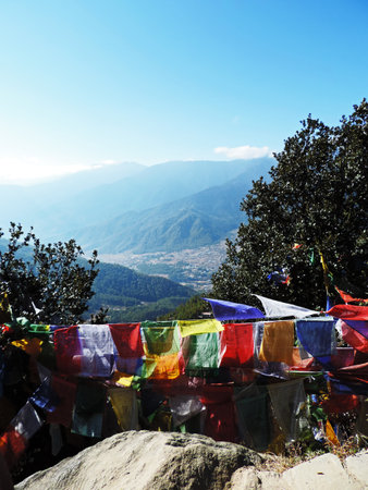 Tibetan prayer flags in the mountains of Himalayasの写真素材