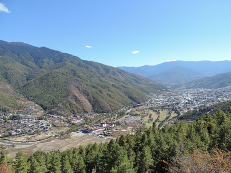 View of Bhutan's landscape with mountain and deep valleys with housesの写真素材
