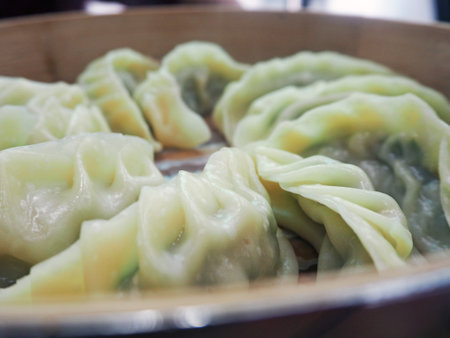 Closeup macro view of Korean steamed dumplings or manduの写真素材