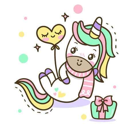 Unicorn cute cartoon illustration: series Illustration of very cute fairytale pony (Happy new year/Christmas) - card and Print for t-shirt. Romantic hand drawing illustration for children.のイラスト素材