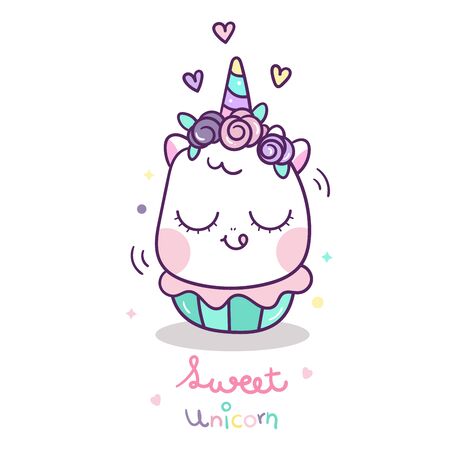 Cute Unicorn vector with sweet cup cake cartoonのイラスト素材