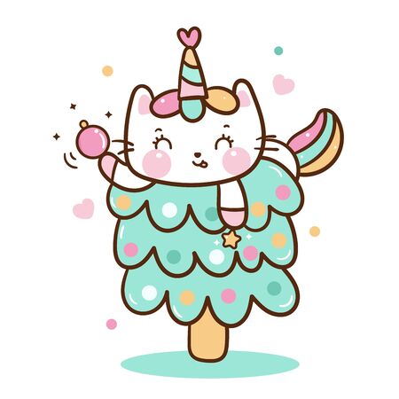Illustration cute unicorn cat vector (kawaii animal) with Christmas tree Sweet pastel color: Happy New year festival snow season winter. Kid greeting card, poster. Romantic hand drawing or decoration room.のイラスト素材