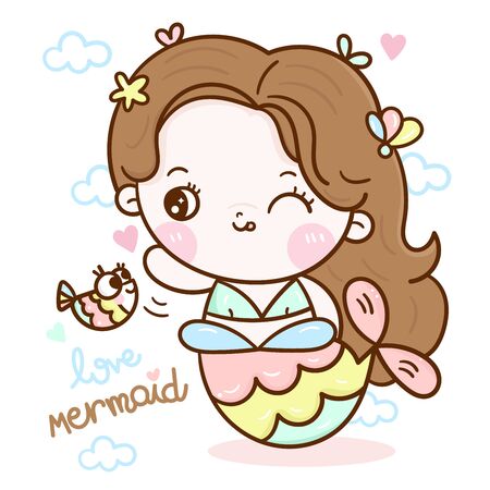 Cute mermaid vector girl cartoon Kawaii character fairytale pastel colorのイラスト素材