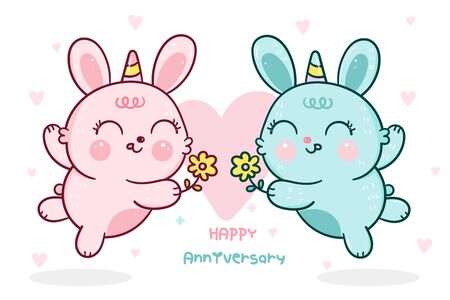 Cute bunny vector rabbits horn cartoon give flower blossom anniversary couple love seasonのイラスト素材