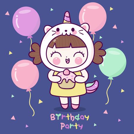 Cute girl cartoon wear fancy unicorn cat dress birthday party balloonのイラスト素材