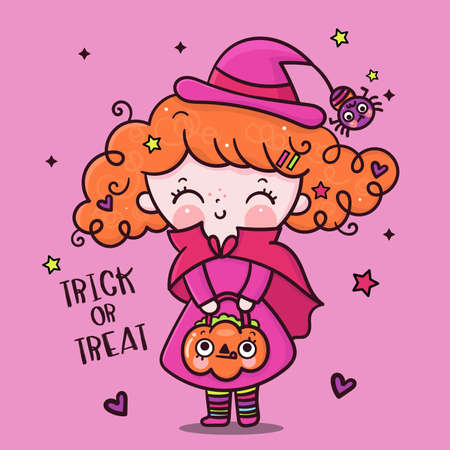 Cute Halloween girl witch vector with pumpkin candy cartoon, Pretty kids Trick or treat for holiday, Fancy dress: Doodle Nursery decoration, hand drawn Kawaii character. Perfect for child greeting.のイラスト素材