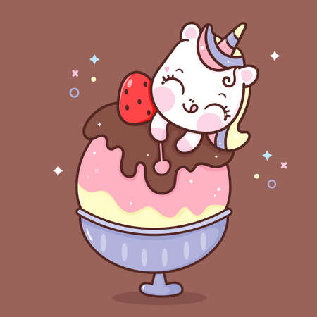 Cute Unicorn cartoon sweet dessert yummy ice cream Pony child vector: Series Kawaii animal food, girly doodle pastel color. Illustration of fairytale horse. Perfect for cafÃ©  , kids greeting card.のイラスト素材