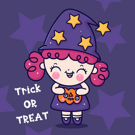 Cute Halloween girl witch vector holding pumpkin cartoon with star background. Pretty kids Trick or treat for holiday, Fancy dress: Doodle Nursery decoration, hand drawn Kawaii character. Perfect.のイラスト素材