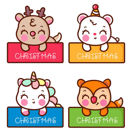Cute christmas label cartoon set of kawaii animals reindeer vector polar bear unicorn fox adorable x mas festival happy new year: Series fairy tale characters (flat Girly doodles). Perfect Nursery.のイラスト素材