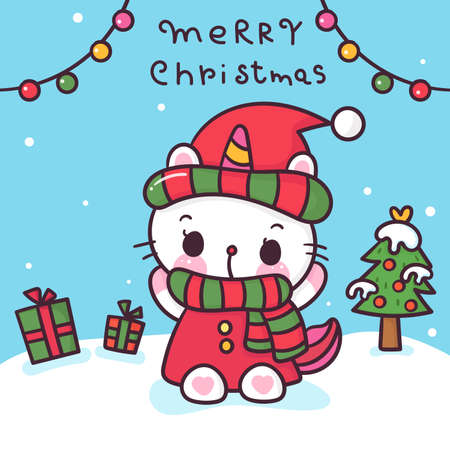 Cute Unicorn cat vector with christmas tree nad gift pony cartoon x mas festival happy new year: Series fairy tale characters animals horse (flat Girly doodles). Perfect Nursery children, kids.のイラスト素材