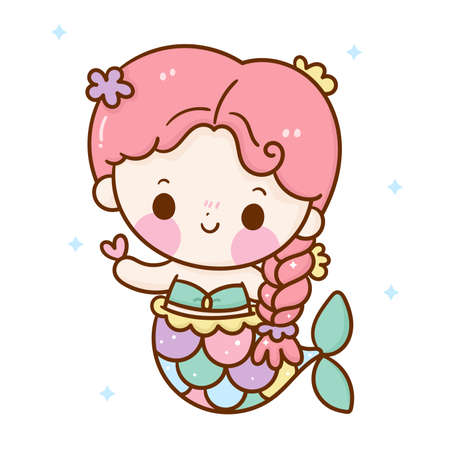 Cute mermaid vector with heart Kawaii girl cartoon fairytale magic character pastel color, Nursery decoration. Illustration of doodle hand drawn on white background.Perfect for kid fashion artworks.のイラスト素材