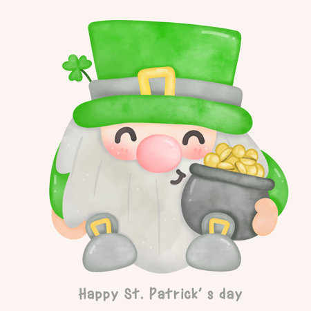 Cute gnome watercolor vector and clover leaf illustration for st patrick's day kawaii cartoon : Series fairy tale character (flat Girly doodles). Perfect Nursery children, kids, greeting card, fabric.のイラスト素材