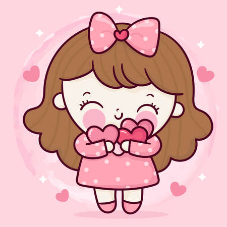 Cute girl vector hug sweet heart baby cartoon pastel background Valentines day: Series fairy tale characters kawaii (flat Girly doodles). Perfect Nursery children, kids, greeting card, fabric design.のイラスト素材