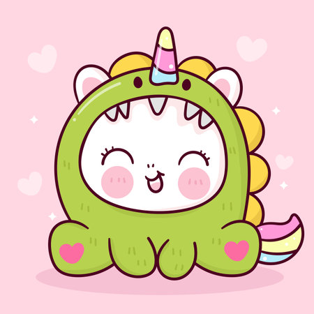 Cute Unicorn vector wear dinosaur fancy dress chubby pony cartoon pastel background Valentines day with heart: Series fairy tale characters kawaii animals horse (flat Girly doodles). Perfect Nursery.のイラスト素材