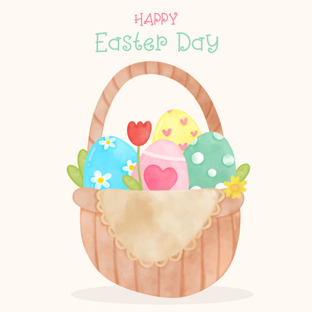 Easter Basket vector with egg and flower illustration for Easter holiday and spring season kawaii cartoon: Series fairy tale character (flat Girly doodles). Perfect Nursery children, kids, greeting.のイラスト素材
