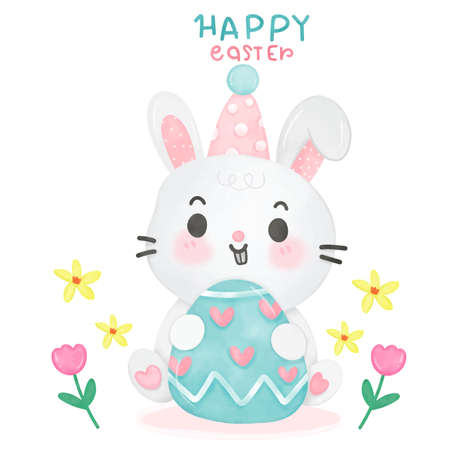 easter bunny vector with egg and flower illustration for Easter holiday and spring season kawaii cartoon: Series fairy tale character (flat Girly doodles). Perfect Nursery children, kids, greeting.のイラスト素材