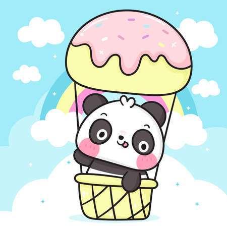 Cute Panda bear cartoon in sweet ice cream balloon on sky with pastel rainbow: Kawaii animal zoo vector (girly doodle). Illustration vector. Perfect Nursery children, kids, greeting card, baby shower.のイラスト素材