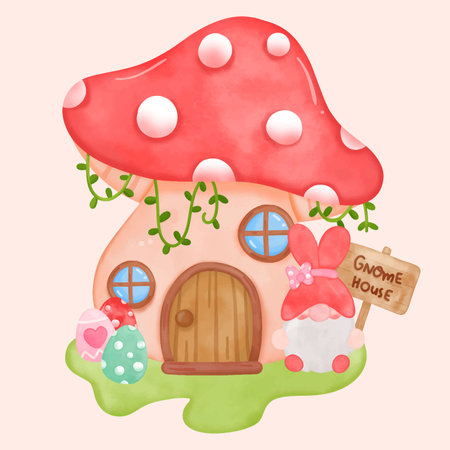 Cute gnome house isolated vector for easter day with eggs holiday and spring season kawaii character: Series fairy tale character (flat Girly doodles). Perfect Nursery children, kids, greeting card.のイラスト素材