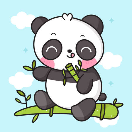 Cute Panda bear vector eating bamboo cartoon yummy food: Kawaii animal zoo (girly doodle). Illustration vector on isolated white background. Perfect Nursery children, kid.のイラスト素材