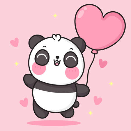 Cute Panda bear vector holding balloon wildlife cartoon for birthday party: Kawaii animal zoo (girly doodle). Illustration vector on isolated white background. Perfect Nursery children, kids.のイラスト素材