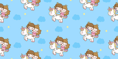Unicorn seamless princess ride pony cartoon on sky pony pastel background: Series fairy tale characters kawaii animals horse (flat Girly doodles). Perfect Nursery children, kids, greeting card, baby.のイラスト素材