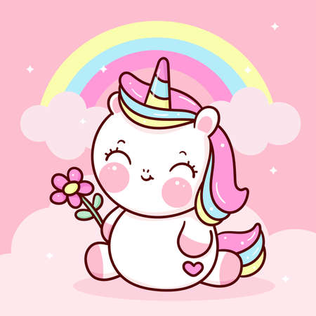 Cute Unicorn vector with rainbow pony cartoon kawaii animals background: Series fairy tale characters horse (flat Girly doodles). Perfect Nursery children, kids, greeting card, baby shower girl.のイラスト素材