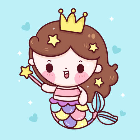 Mermaid princess cartoon holding magic wand with heart. Series fairytale Beautiful character (Girly girl) cute vector. Hand drawing Illustration for kids fashion artworks, children books, greeting.のイラスト素材
