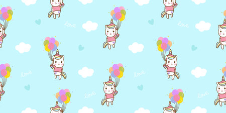 Seamless unicorn cartoon holding colorful balloon cute Pony Child animal pattern: Series Fairytale Kawaii character (Girly doodles). Perfect for Nursery kids, greeting card, baby shower girl, fabric.のイラスト素材