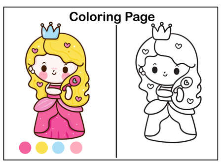 Drawing princess coloring page cartoon little child brush her hair daily routine kawaii vector. Series fairytale Beautiful character (Doodle Girly girl) isolated on white background. Hand drawing.のイラスト素材