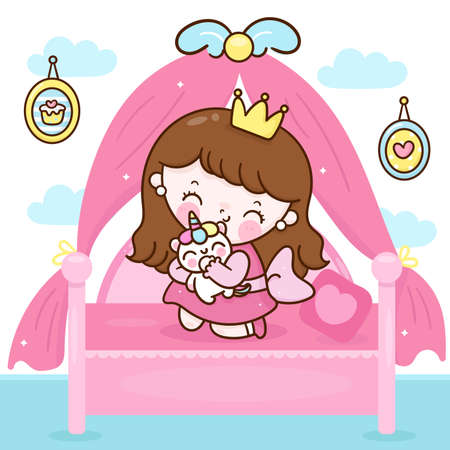 Cute princess cartoon hug fairy unicorn vector sweet dream on pastel bed in bedroom kawaii animal. Series fairytale Beautiful character (Girly girl). Hand drawing Illustration for kids fashion artworkのイラスト素材