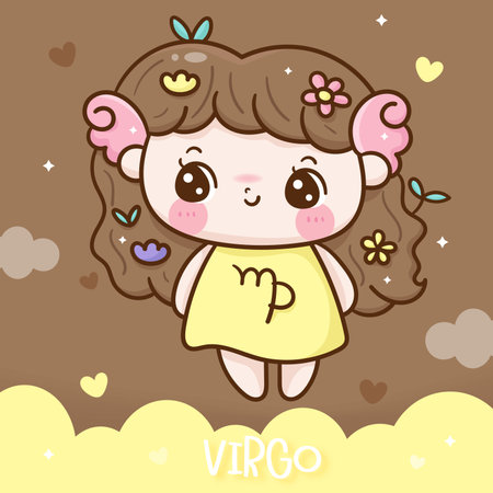Virgo sign, sagittarius tattoo cartoon girl love illustration doodle(Kawaii character), zodiac character vector, astrological symbol. Nursery baby Fairytales magic,hand drawn.Perfect for kid greeting.のイラスト素材