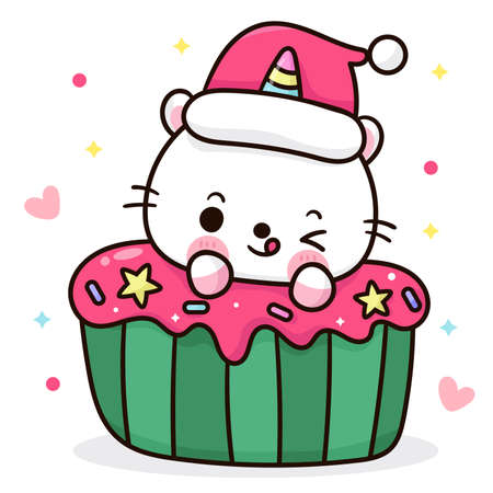 Cute Unicorn cat cartoon wear santa hat with Christmas cake sweet dessert kawaii vector, X mas Happy new year greeting card 2022. Animal character girly doodle. Illustration: Isolated on white.のイラスト素材