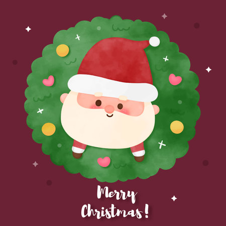 Watercolor Santa calus cartoon and Christmas wreath, X mas vector. Happy new year greeting card 2022. Kawaii character girly doodle. Illustration Perfect make a wish for holiday, party, card, patのイラスト素材