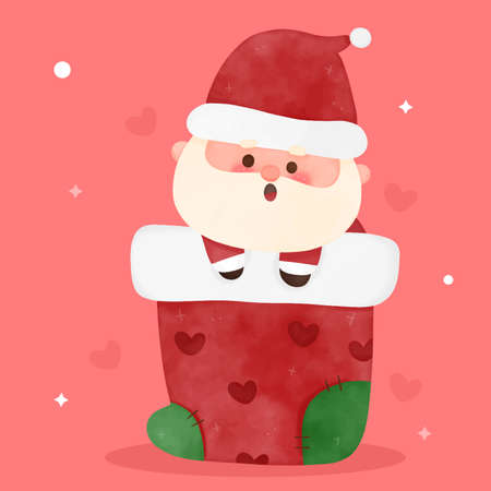 Watercolor Cute Santa calus cartoon and Christmas sock, X mas vector. Happy new year greeting card 2022. Kawaii character girly doodle. Illustration Perfect make a wish for holiday, party, card.のイラスト素材