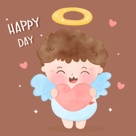 Cupid baby curly child boy angel cartoon hug heart valentines day: kawaii vector, Girly doodle. Series Fantasy children. Perfect illustration for Birthday party, card, nursery, kid decoration.のイラスト素材