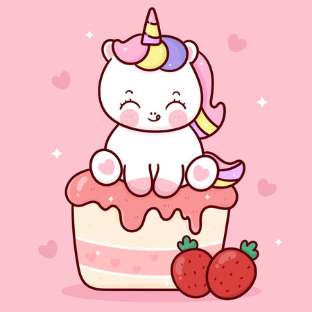 Cute unicorn cartoon on sweet cupcake vector Valentines day: Series fairy girl child princess pony kawaii animal character (flat Girly doodles). Perfect Nursery children, kids, greeting card, baby.のイラスト素材