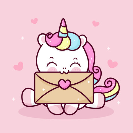 Cute unicorn cartoon and love letter vector Valentines day: Series fairy girl child princess pony kawaii animal character (flat Girly doodles). Perfect Nursery children, kids, greeting card, baby.のイラスト素材