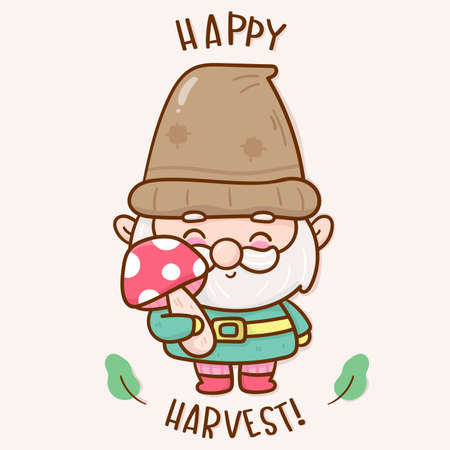 Cute Gnome Garden elf cartoon holding mushroom harvest logo for organic farm Gardener Spring season. Series magic fairy fantasy character (Kawaii vector) Fairytale character illustration. Perfect.のイラスト素材