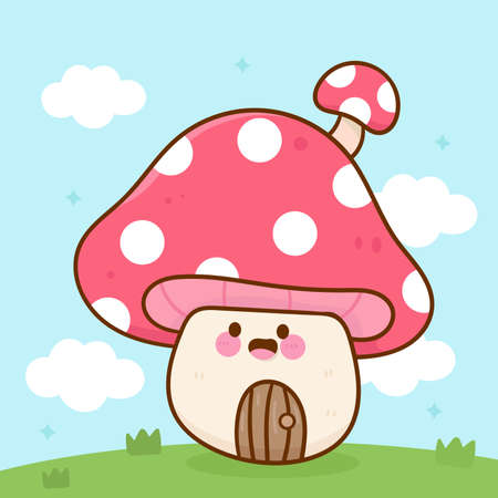 Cute Gnome house elf cartoon and mushroom Garden Spring season. Series magic fairy fantasy character (Kawaii vector) Fairytale character illustration. Perfect Nursery children, kids, greeting card.のイラスト素材