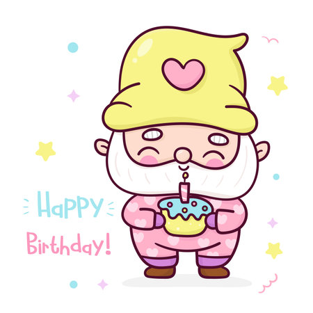 Cute Gnome elf cartoon and Birthday cake party kids. Series magic fairy fantasy character Fairytale character illustration. Perfect sweet shopのイラスト素材