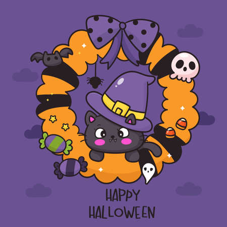 Cat Halloween wreath. Cute Witch cartoon (Kawaii vector). Trick or treat kids with skull, candy corn , ghost and bat. Perfect make a wish for background, card, pattern, nursery walのイラスト素材