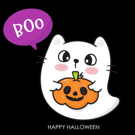 Pumpkin Halloween Ghost cat. Cute Witch cartoon (Kawaii vector). Trick or treat kids. Perfect make a wish for background, card, pattern, nursery wall and shirt design.のイラスト素材