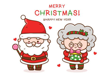 Cute Santa and mrs claus cartoon Character Christmas card. X mas (happy new year kids) kawaii vector for fairy tale book. Perfect make a wish for celebration party children.のイラスト素材