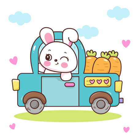 Cute bunny easter delivery carrot by car. Series: Kawaii animals rabbit egg hunting (Character cartoon). Spring activities holiday. Perfect make a wish for baby t shirt fairy taleのイラスト素材