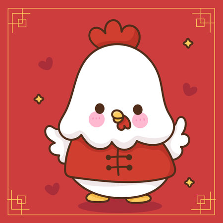 Cute chicken cartoon Chinese zodiac animals. Series: Welcome lunar year (Happy new year). Greeting card isolated on red Background. Perfect make a wish for baby t shirt.のイラスト素材