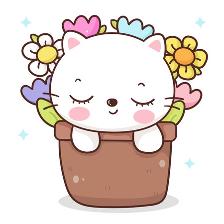 Cute cat spring in flower pot. Series: Kawaii animals kitten isolated on white background (Character cartoon) Holiday activities. Perfect make a wish for baby t shirt fairy tale.のイラスト素材