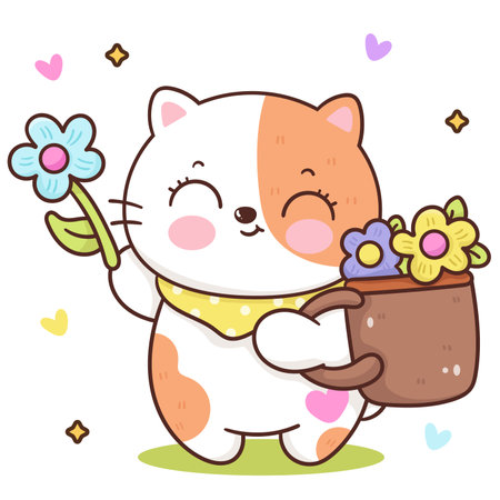 Cute cat spring and flower basket. Series: Kawaii animals kitten isolated on white background (Character cartoon) Holiday activities. Perfect make a wish for baby t shirt fairy.のイラスト素材