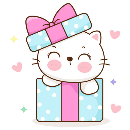 Cute cat birthday gift. Series: Kawaii animals kitten isolated on white background (Character cartoon) Holiday activities. Perfect make a wish for baby t shirt fairy tale book.のイラスト素材