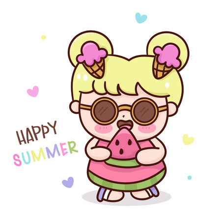 Summer girl eat watermelon tropical fruit (kids fun). Series: Kawaii vector beach time isolated on white background (Character cartoon) cute Holiday activities. Perfect make a wishのイラスト素材